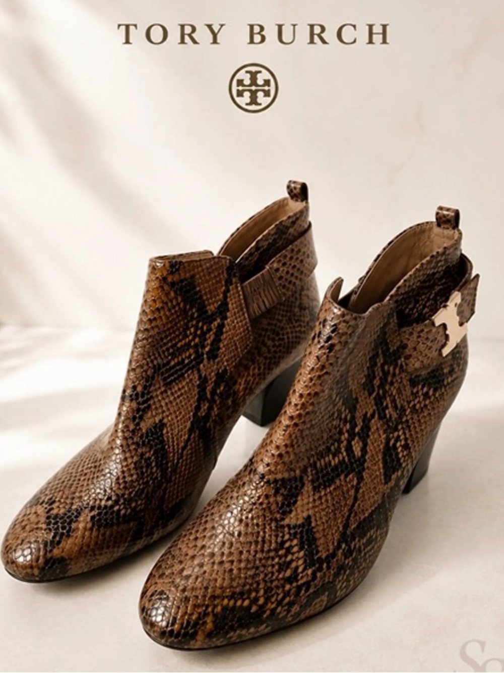 Tory Burch Gemini Link Snakeskin Embossed Leather booties size 7.5